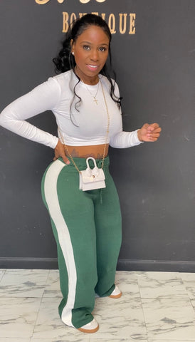 2pc Sweater Track Pants Set GREEN/WHITE